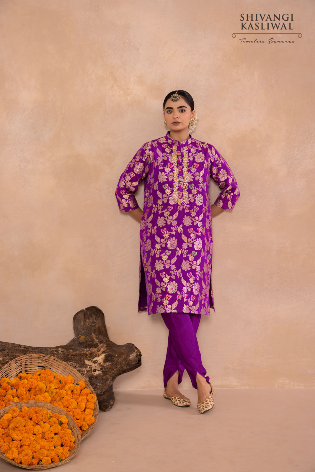 Magenta Pink Banarasi Silk Kurta With Tulip Salwar
