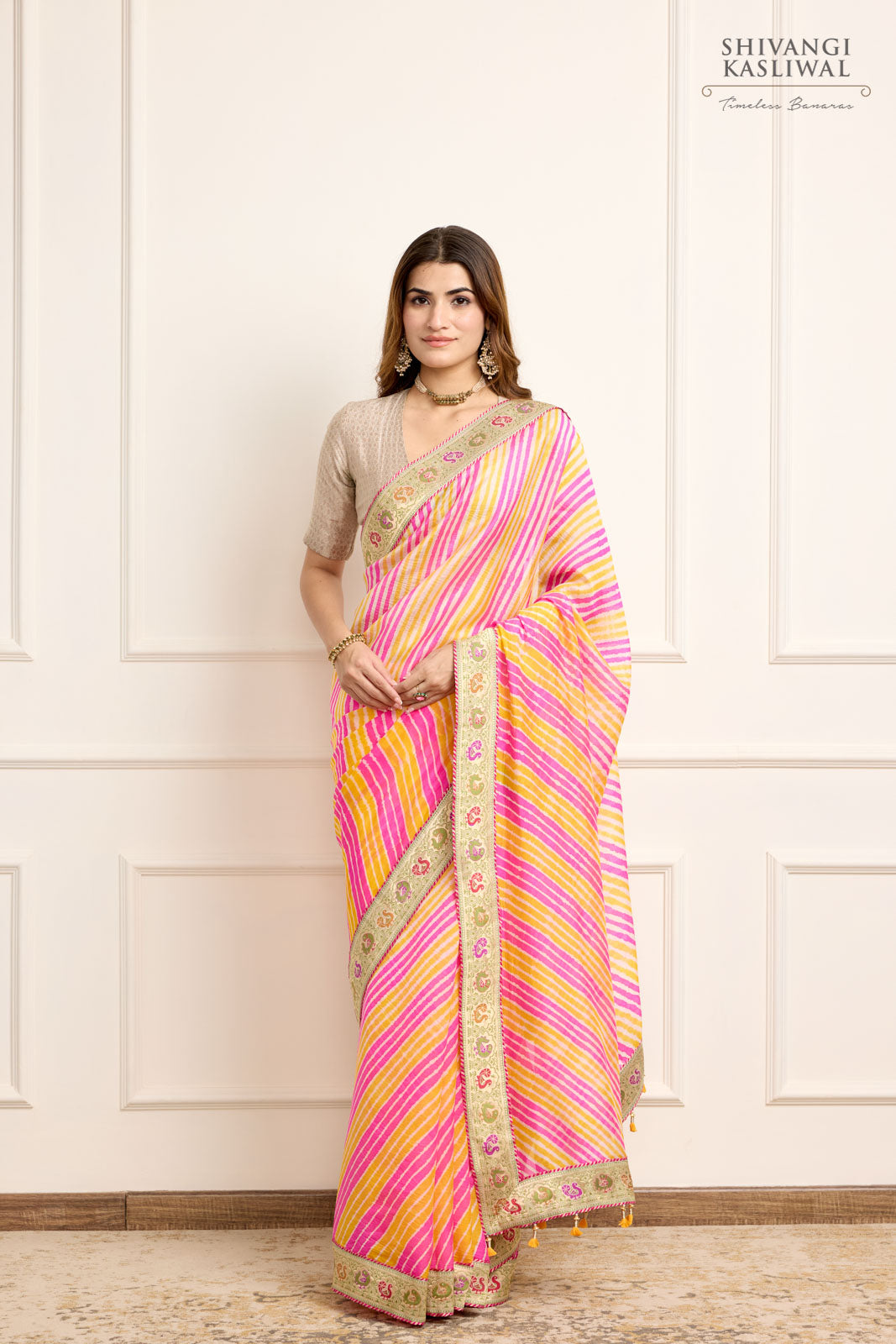 Rani Pink Yellow Banarasi Organza Leheriya Saree