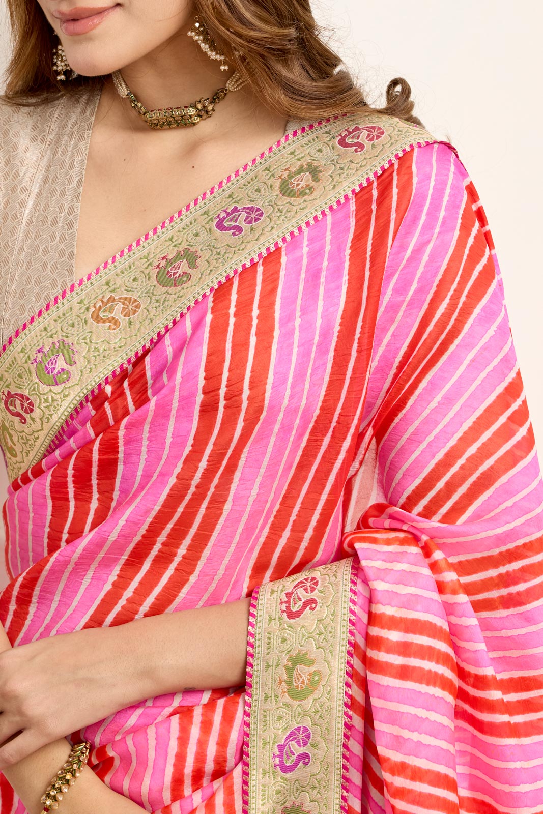 Orange Rani Pink Banarasi Organza Leheriya Saree