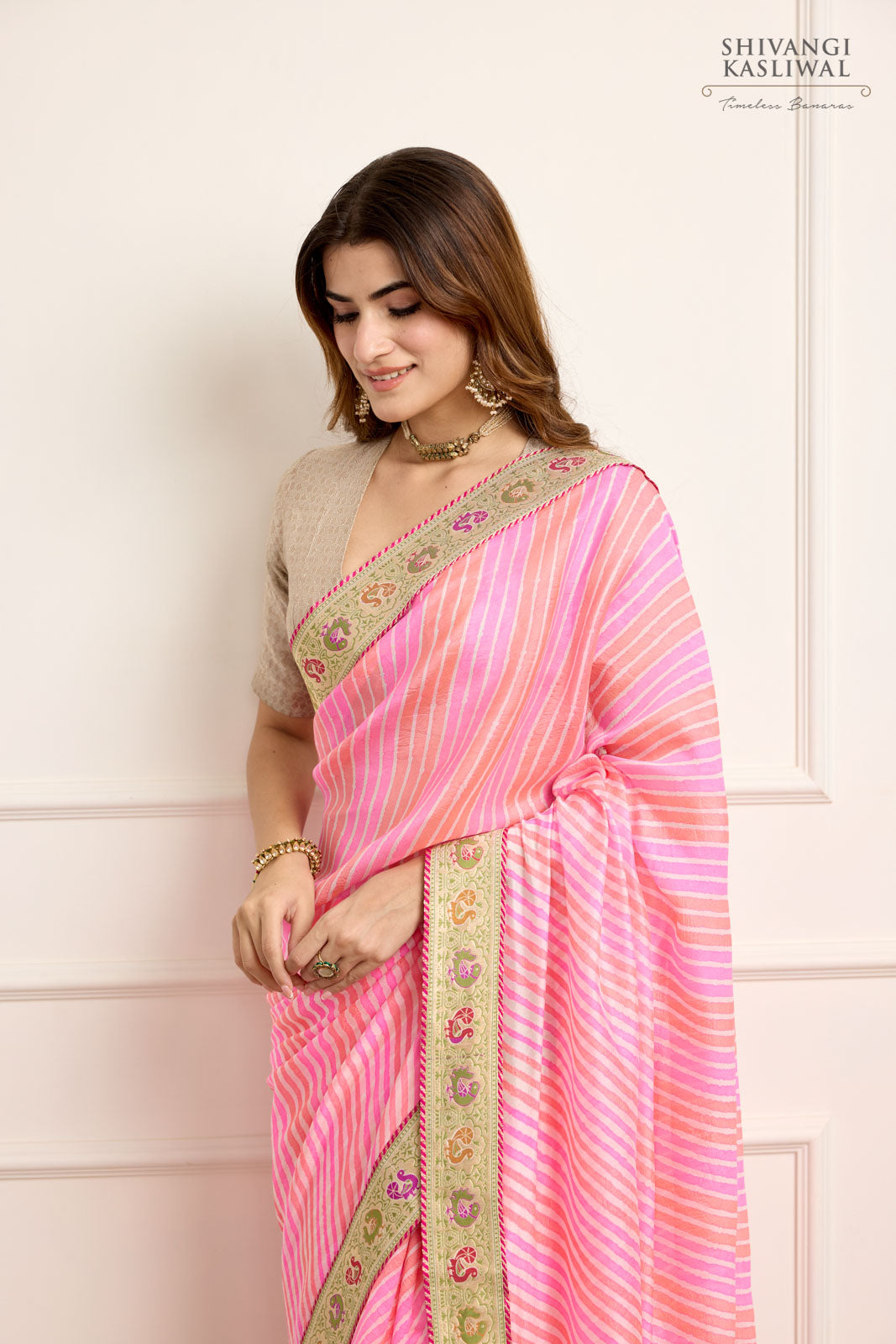 Peach Pink Banarasi Organza Leheriya Saree