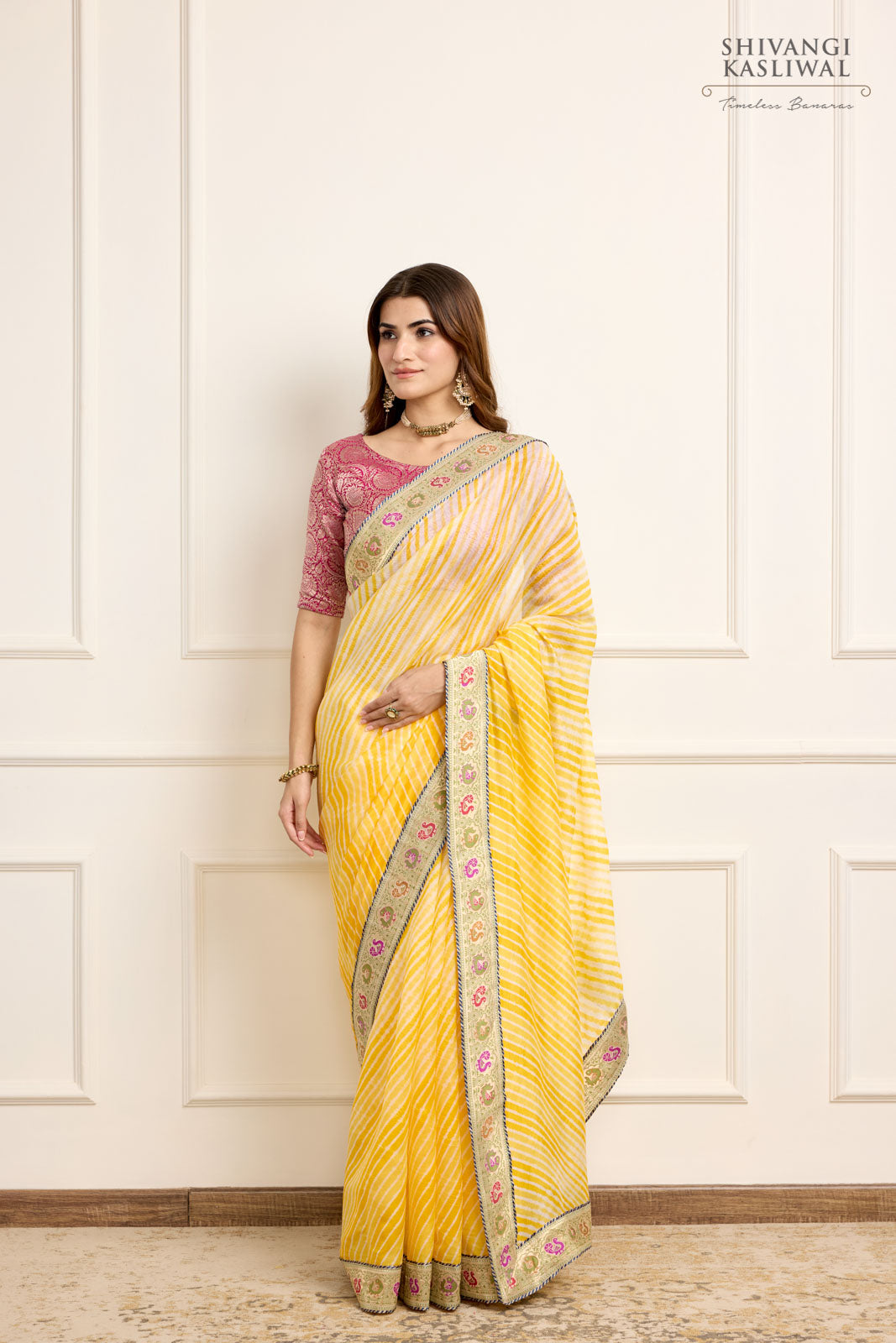 Yellow Banarasi Organza Leheriya Saree