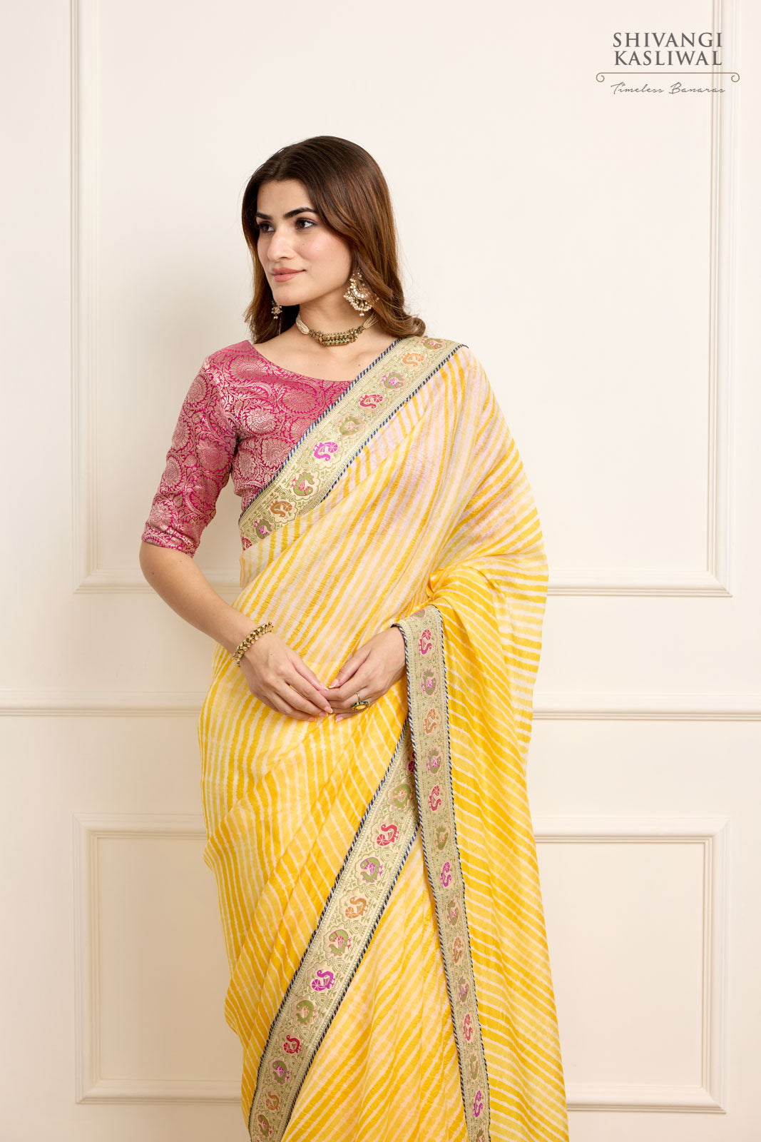 Yellow Banarasi Organza Leheriya Saree