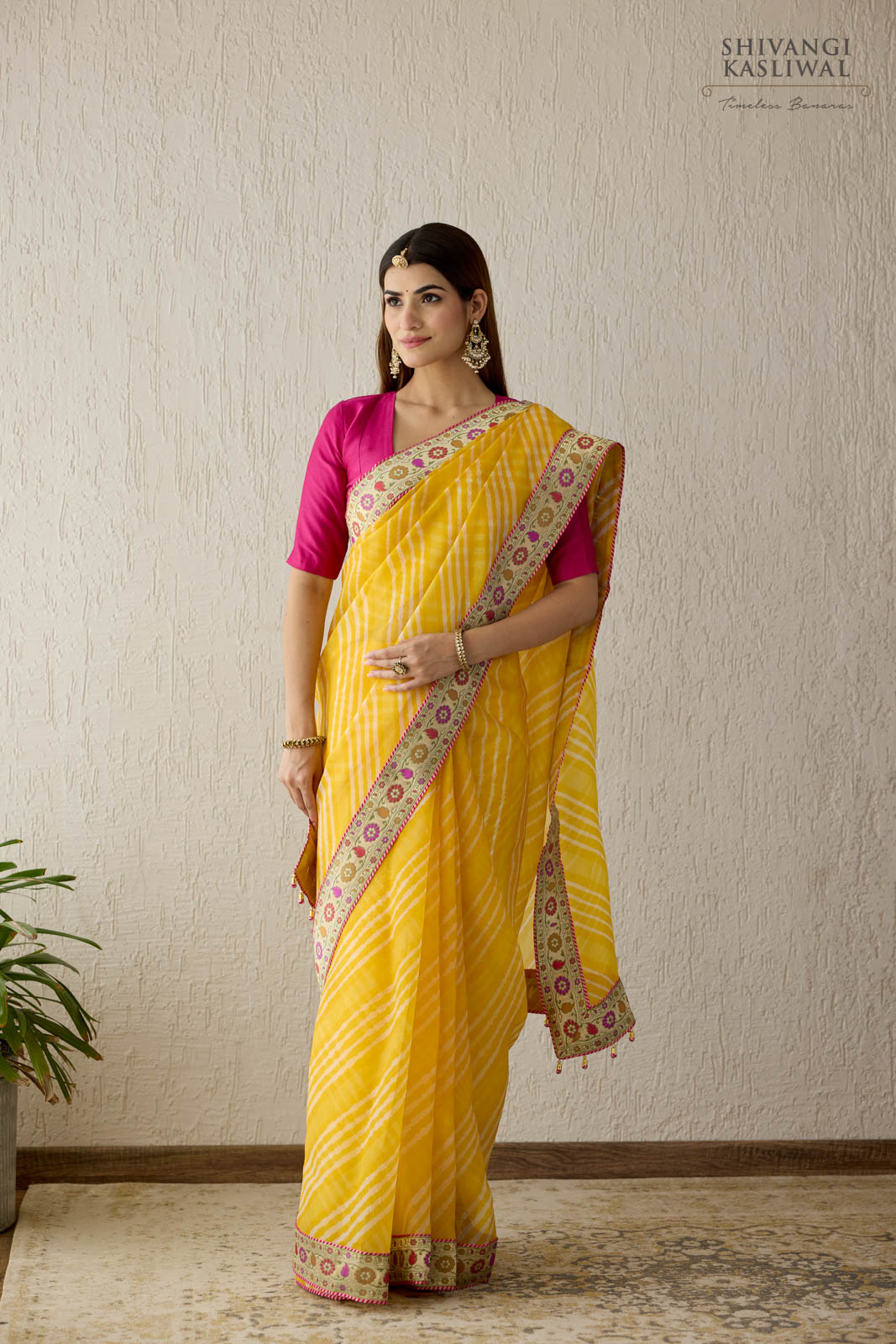 Yellow Banarasi Organza Leheriya Saree