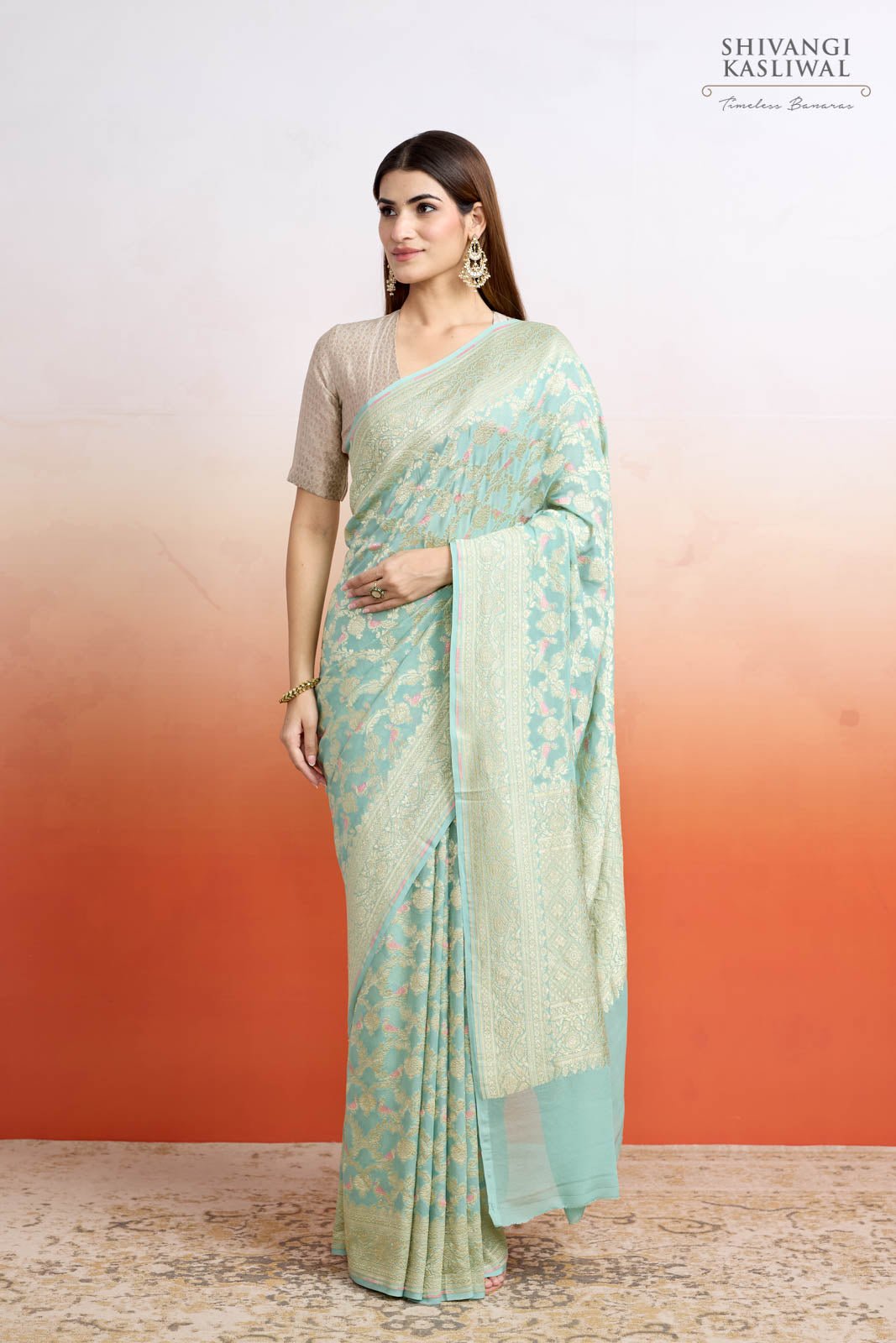 Mint Blue Handwoven Banarasi Georgette Saree