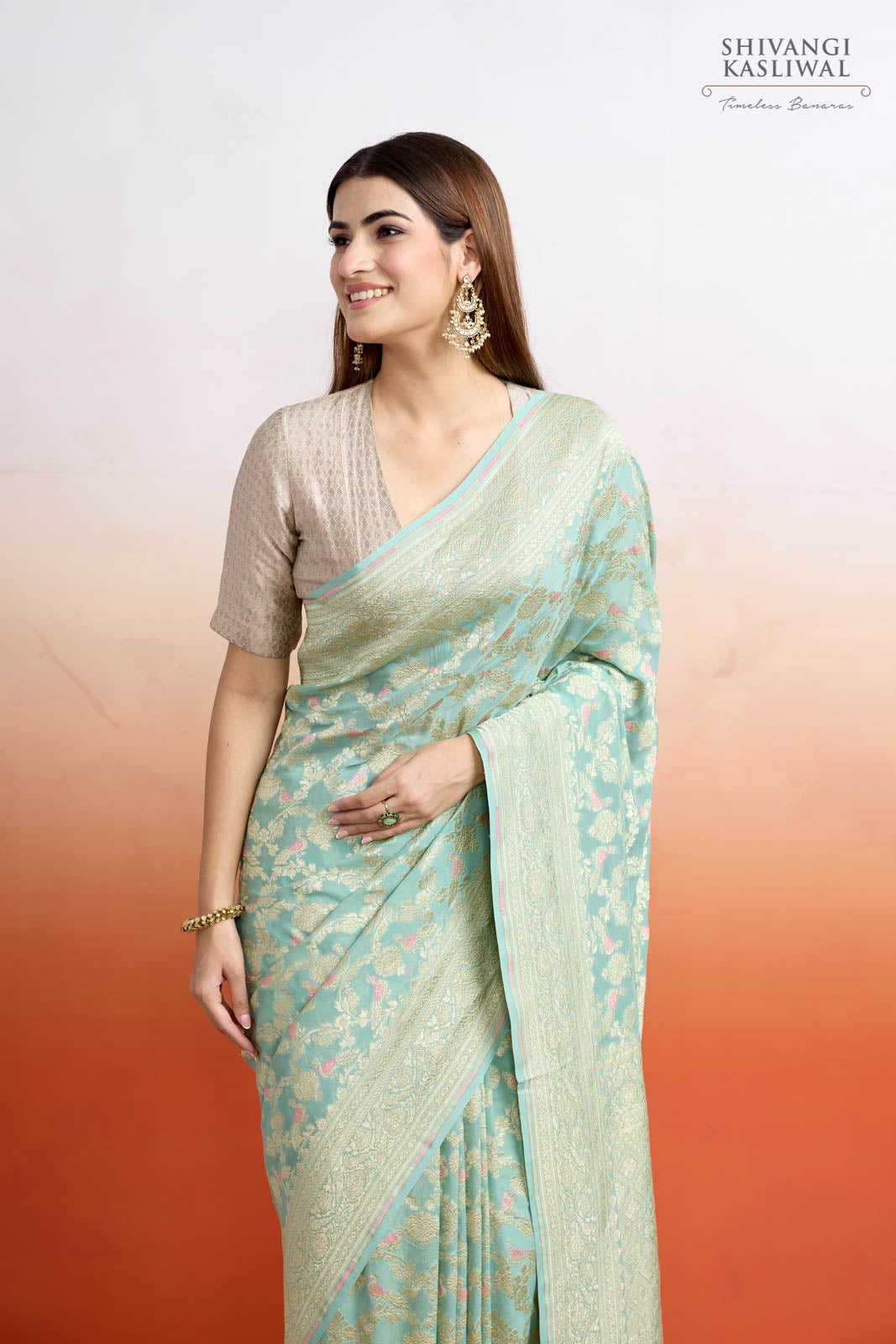 Mint Blue Handwoven Banarasi Georgette Saree