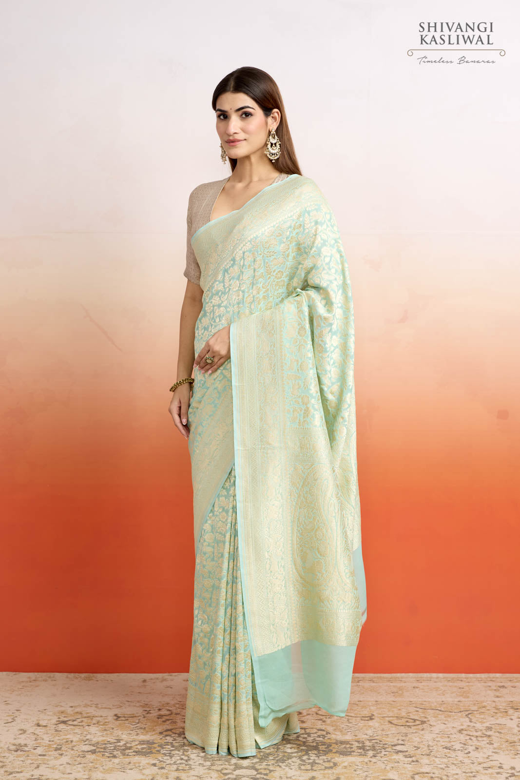 Mint Green Handwoven Banarasi Georgette Saree