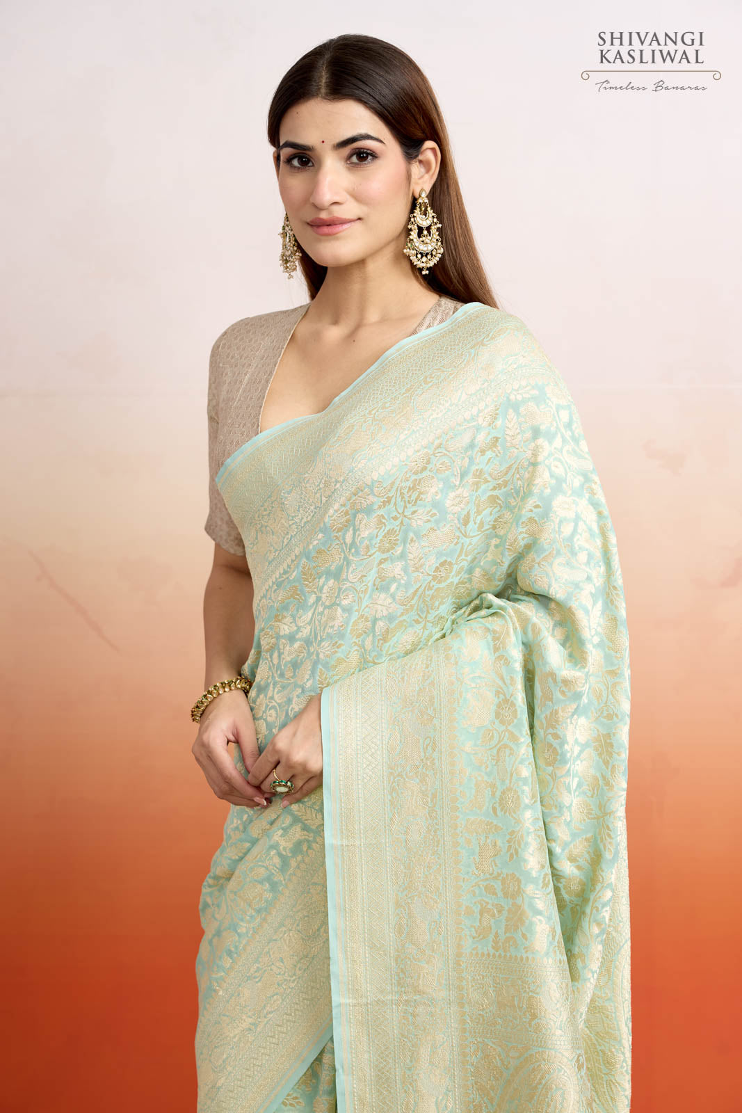 Mint Green Handwoven Banarasi Georgette Saree