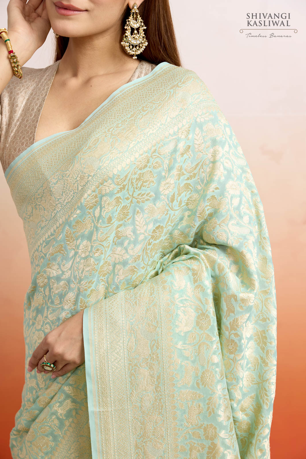 Mint Green Handwoven Banarasi Georgette Saree