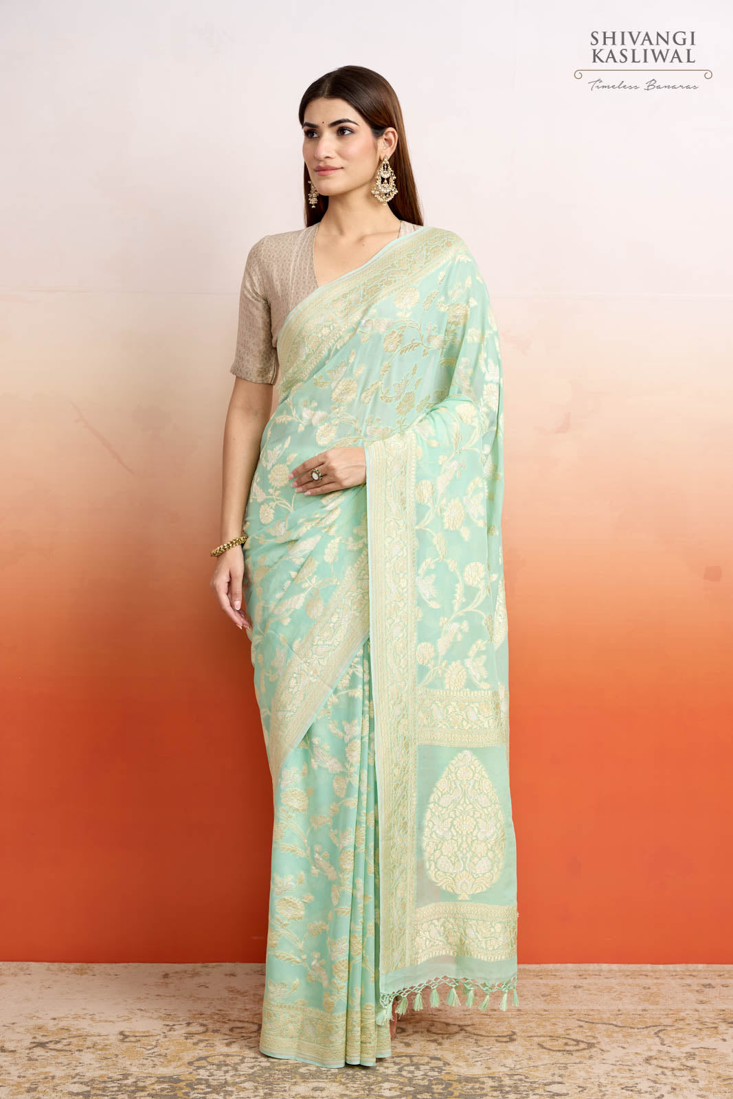 Mint Green Handwoven Banarasi Georgette Saree