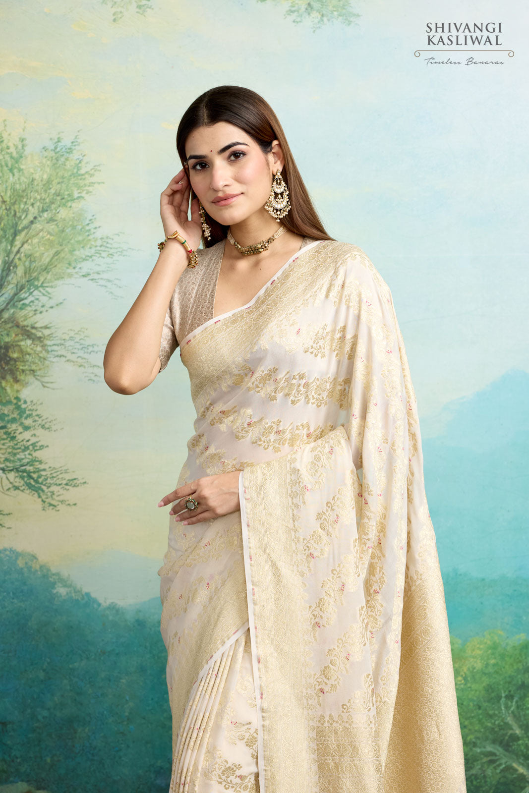 Ivory Handwoven Banarasi Georgette Saree