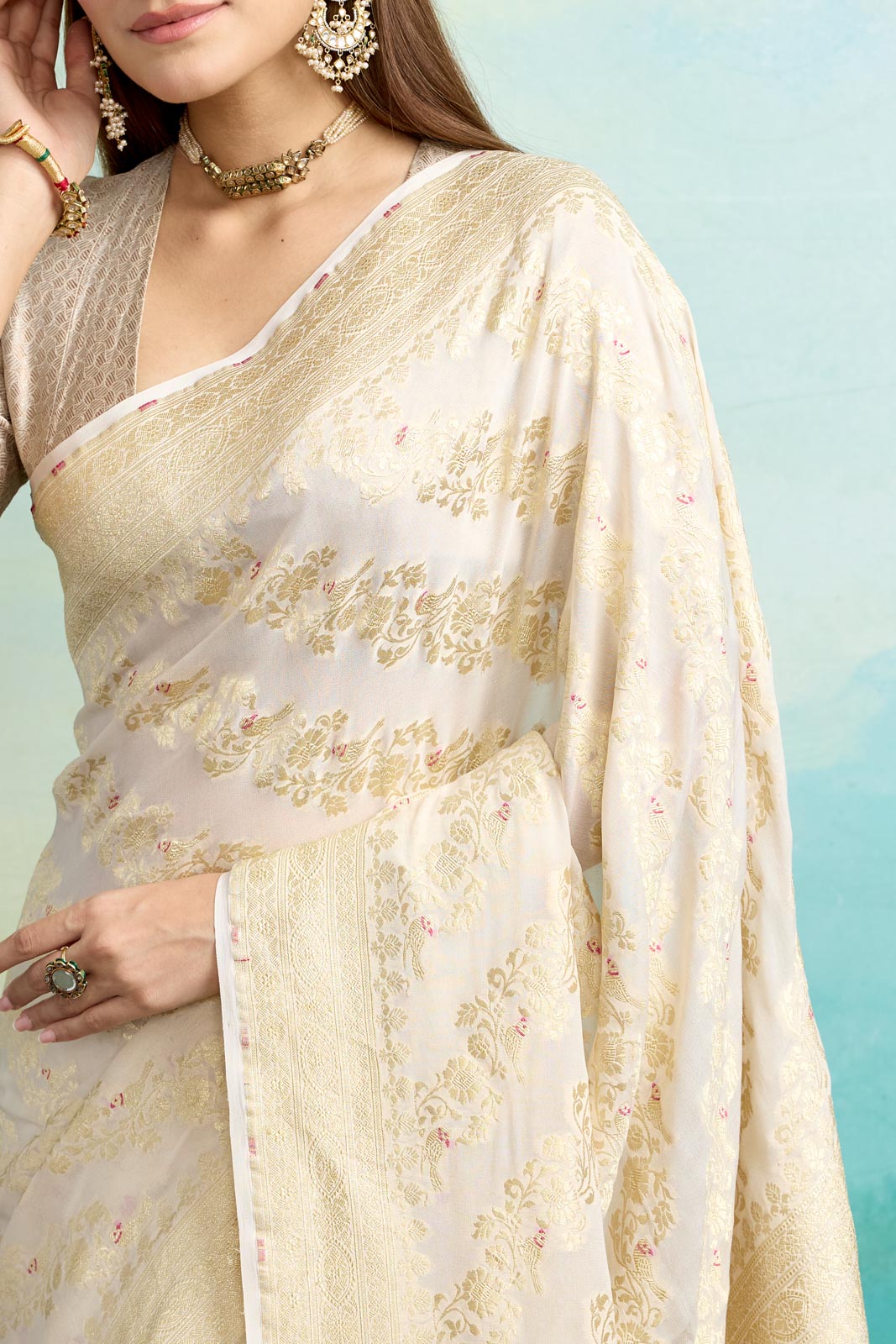 Ivory Handwoven Banarasi Georgette Saree