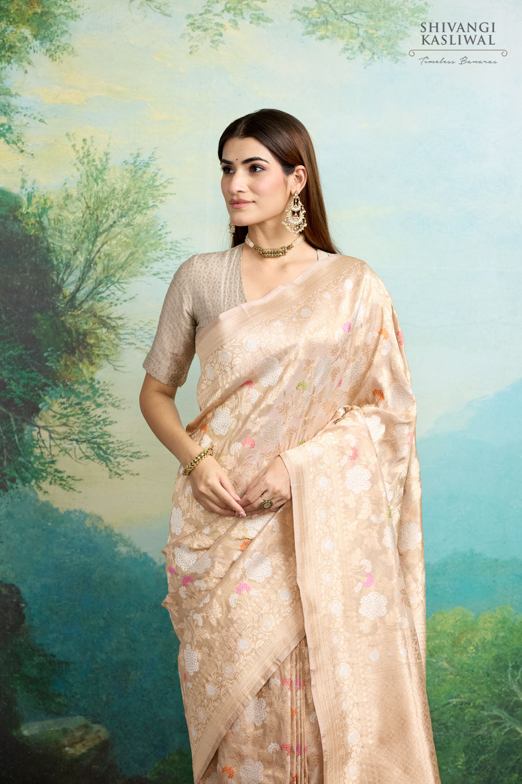 Beige Handwoven Banarasi Silk Tissue Saree