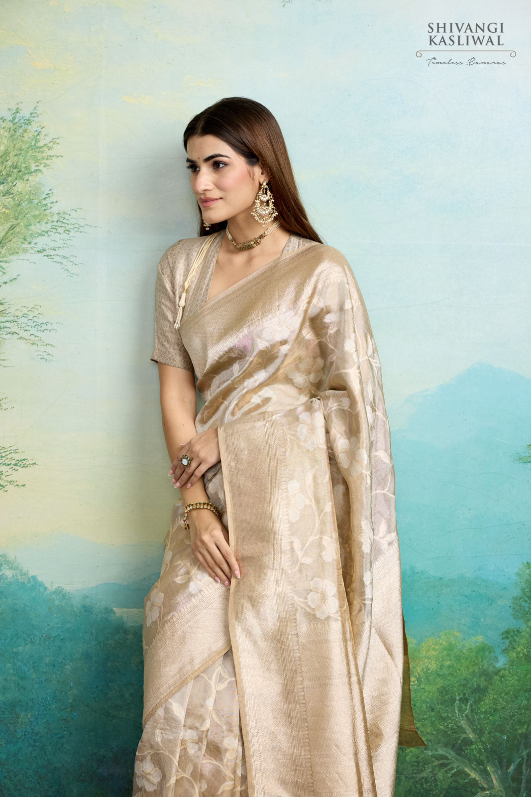 Beige Handwoven Banarasi Silk Tissue Saree