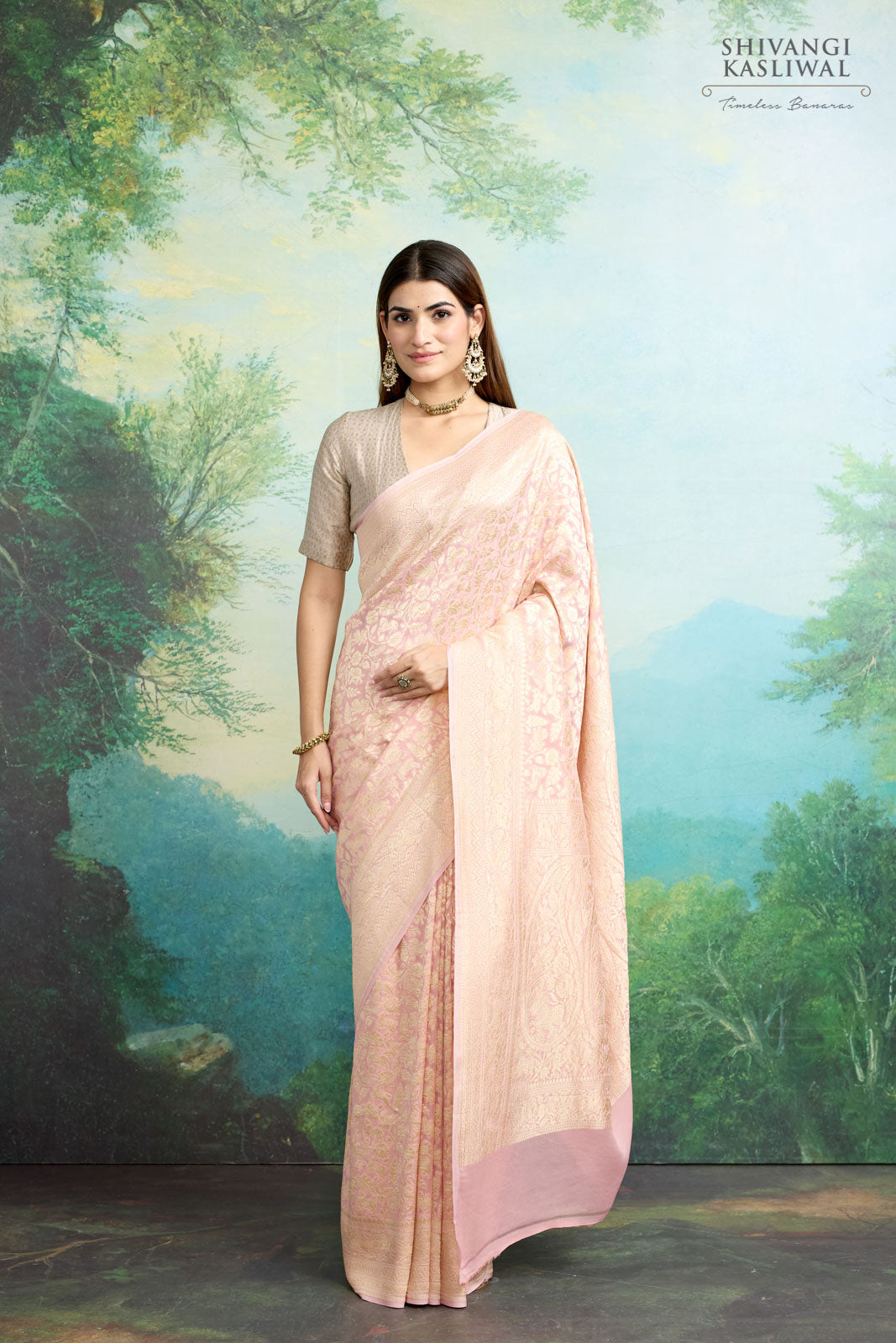 Blush Peach Handwoven Banarasi Georgette Saree