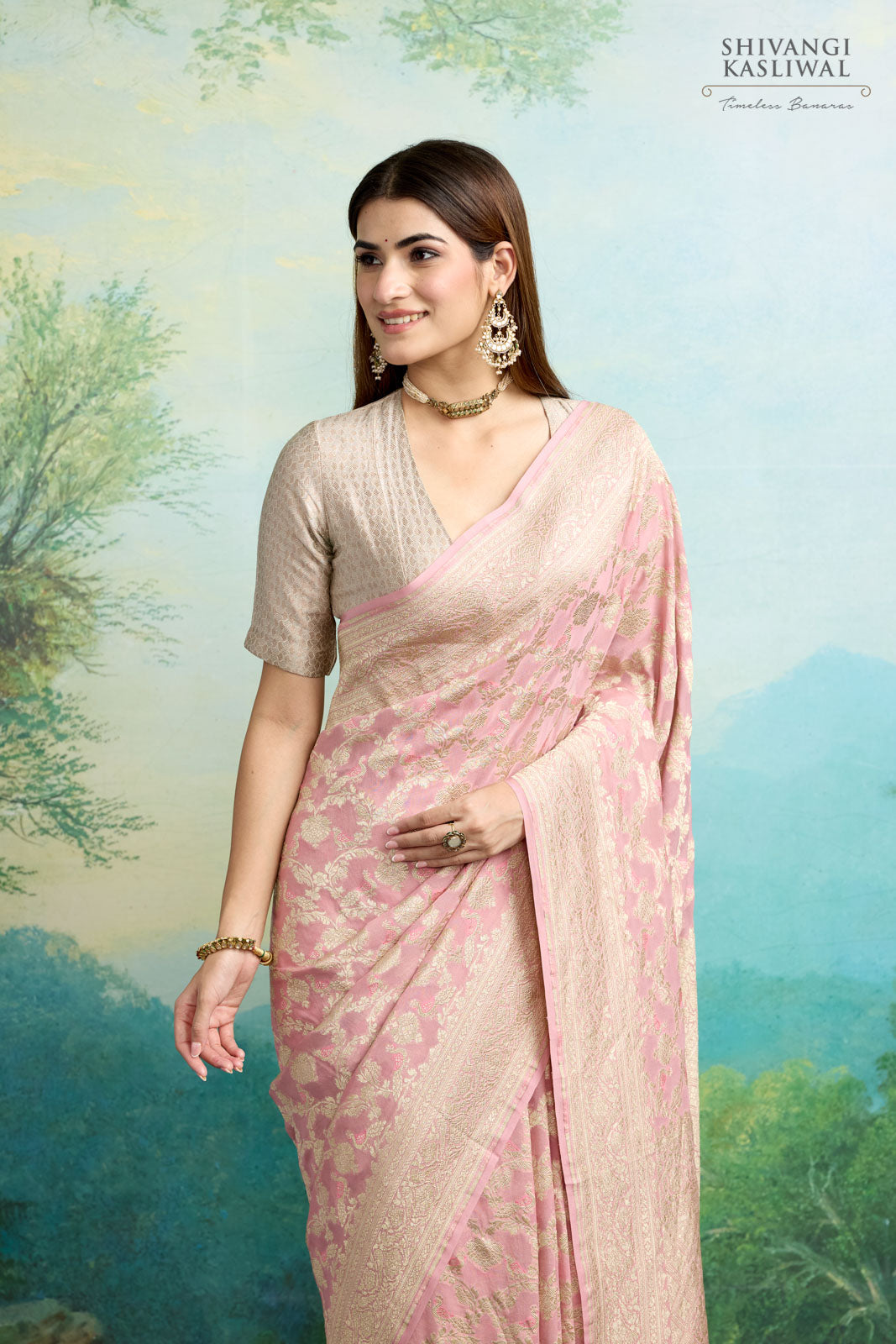 Rose Pink Handwoven Banarasi Georgette Saree