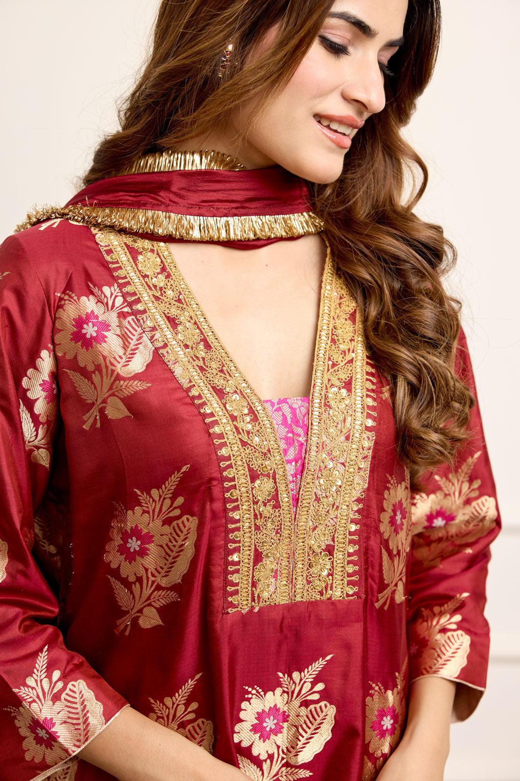 Maroon Banarasi Silk Kurta Set