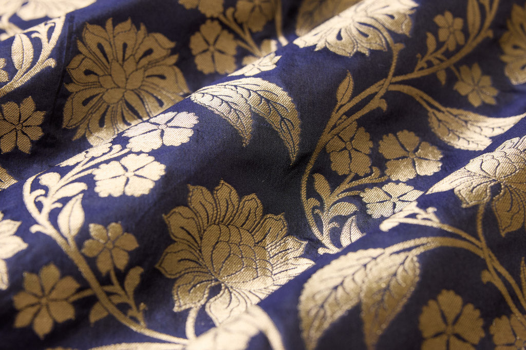 Navy Blue Handwoven Banarasi Silk Fabric