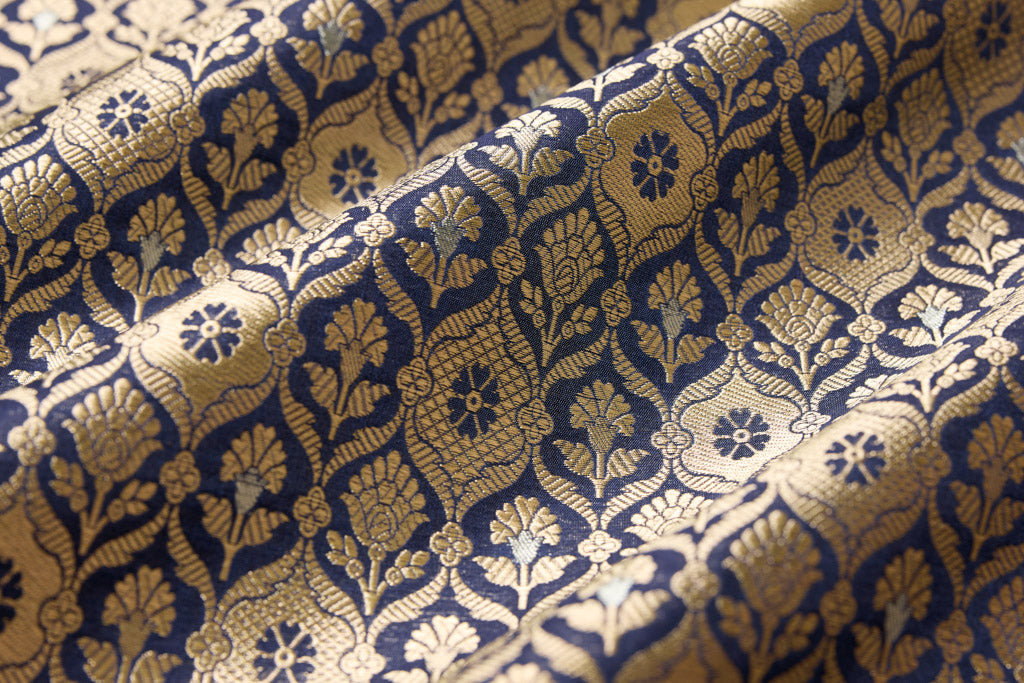 Navy Blue Handwoven Banarasi Brocade Fabric