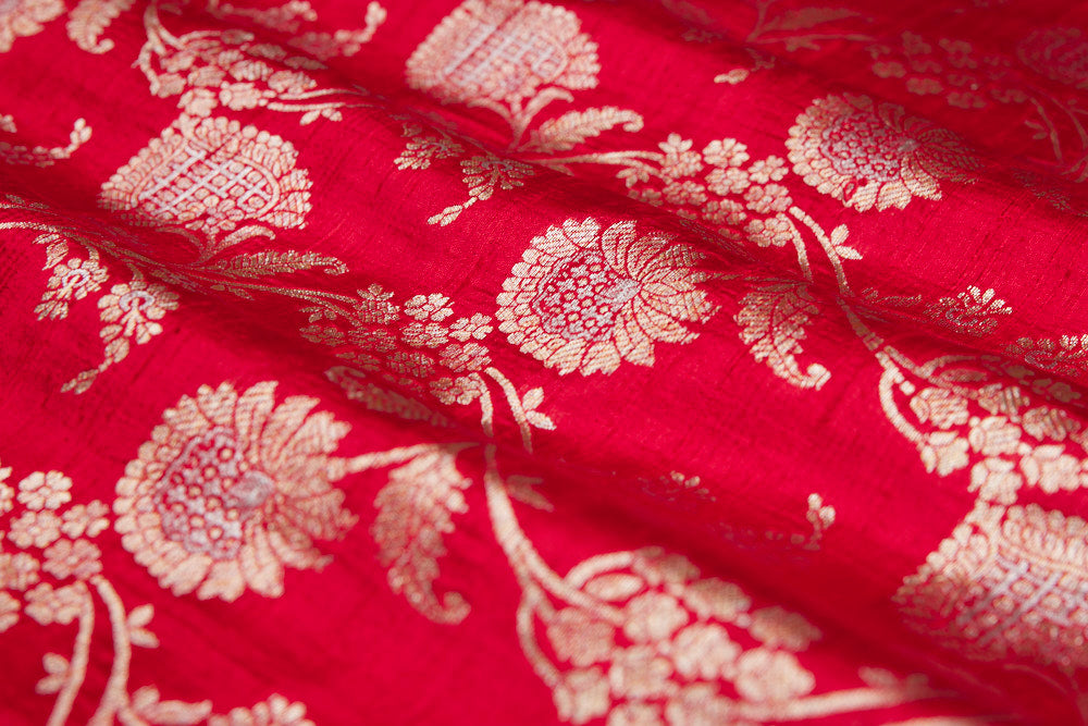 Red Handwoven Banarasi Raw Silk Fabric