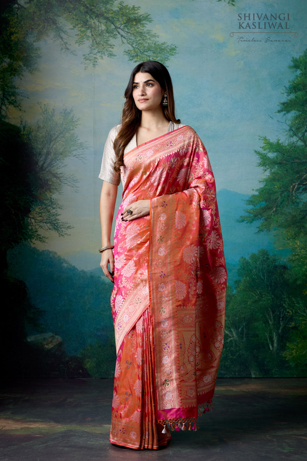 Pink Orange Handwoven Banarasi Silk Saree