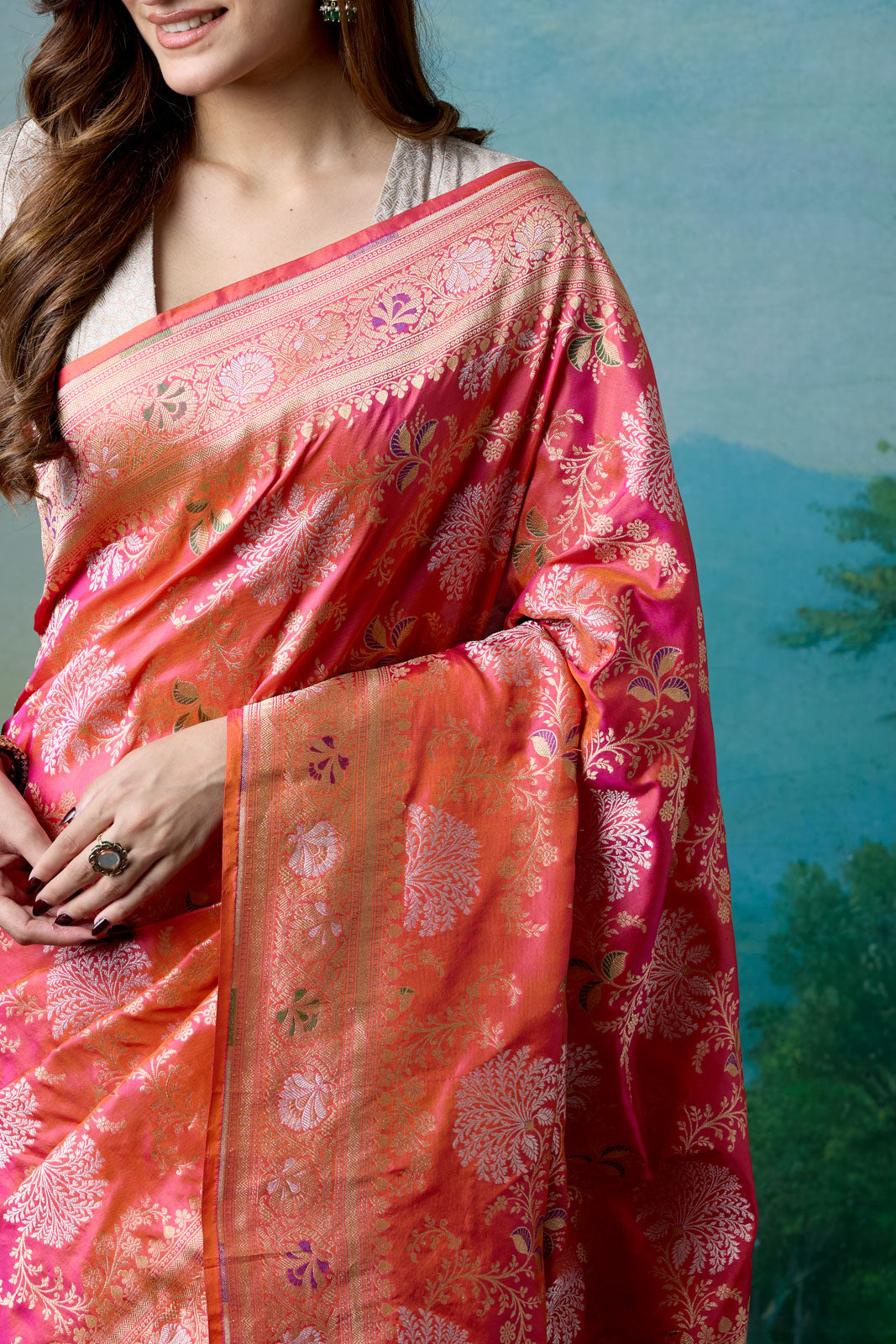 Pink Orange Handwoven Banarasi Silk Saree
