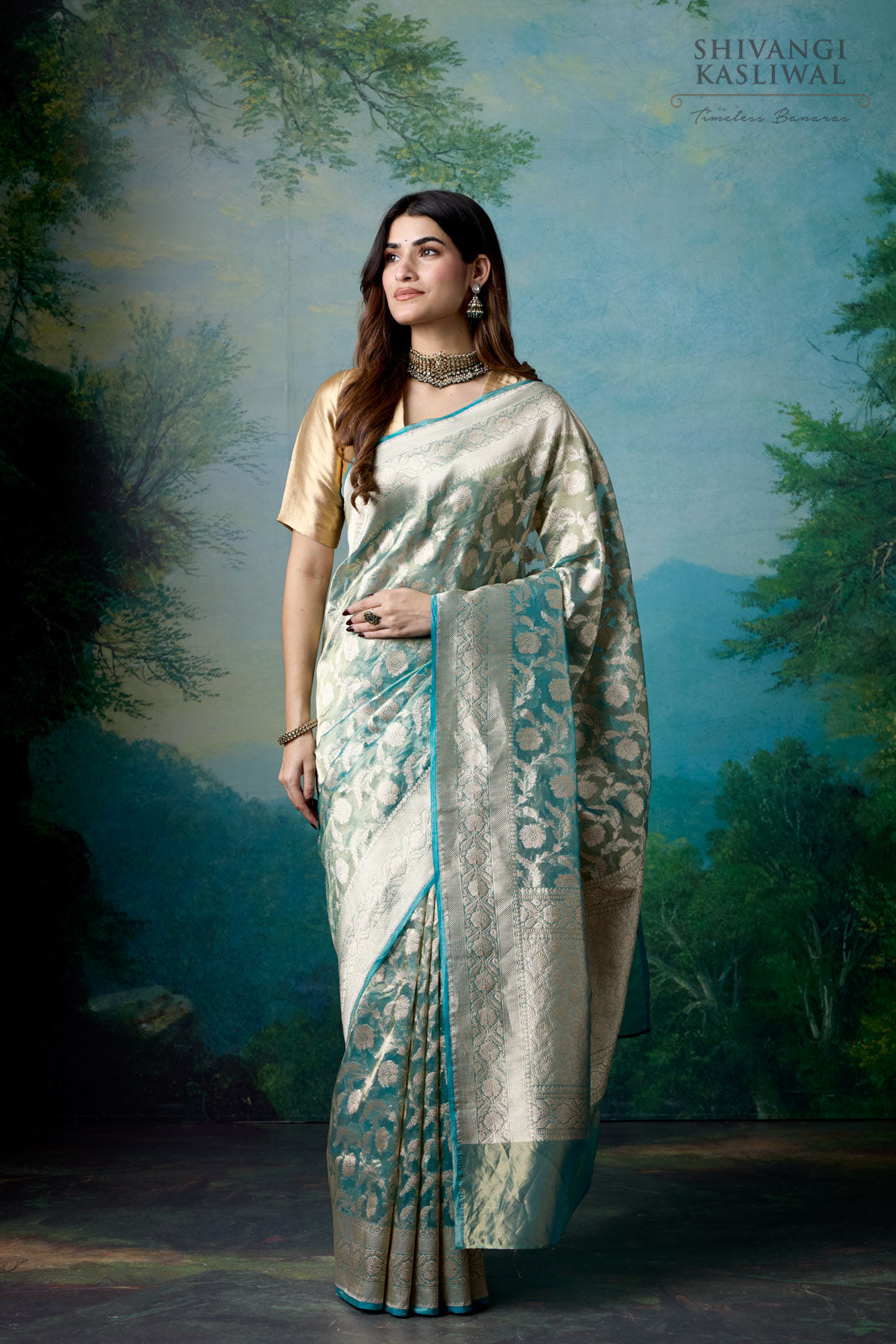 Turquoise Blue Handwoven Banarasi Tissue Silk Saree