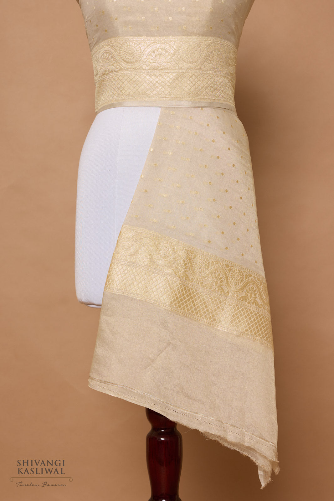 Beige Handwoven Banarasi Moonga Tissue Dupatta