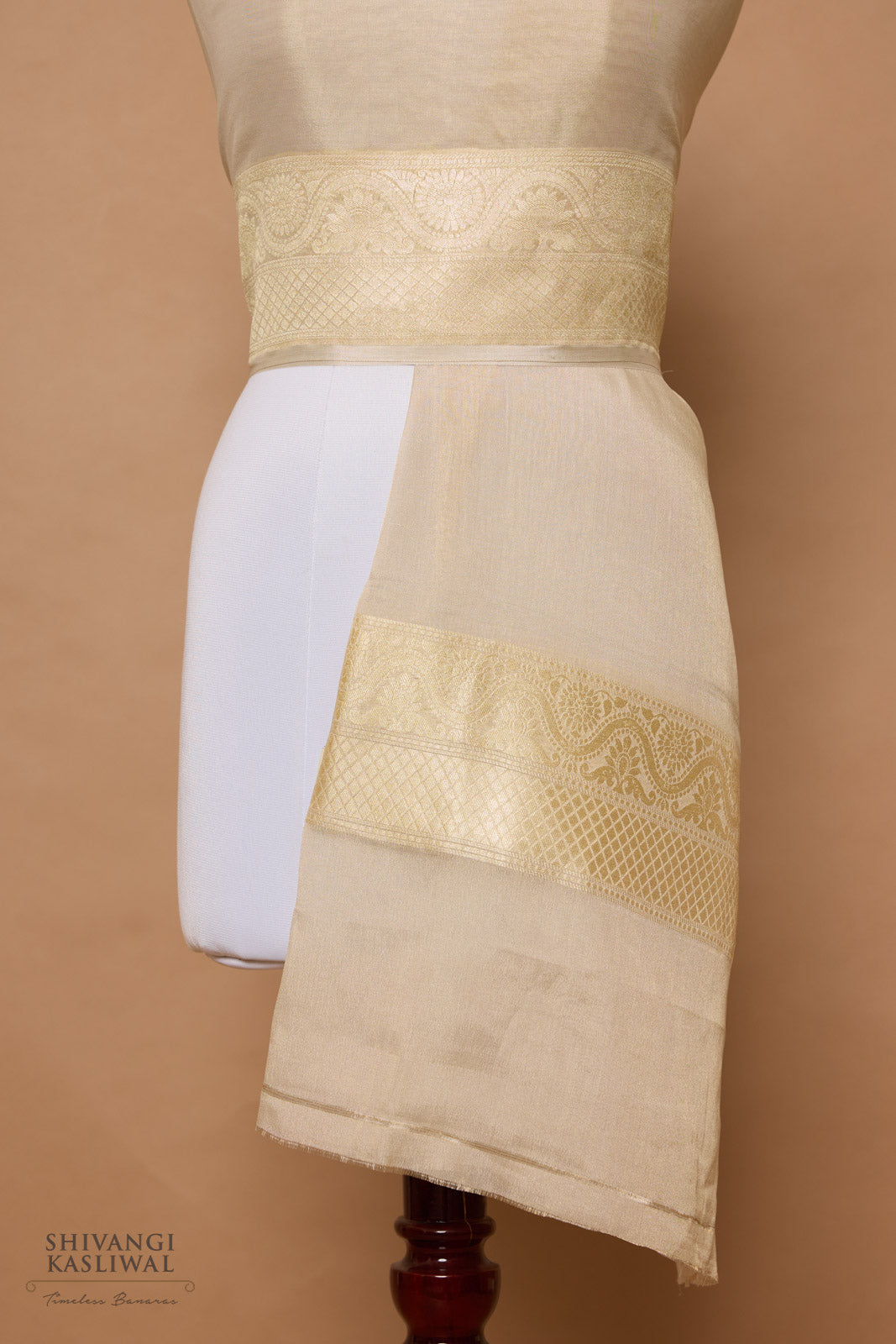 Beige Handwoven Banarasi Moonga Tissue Dupatta
