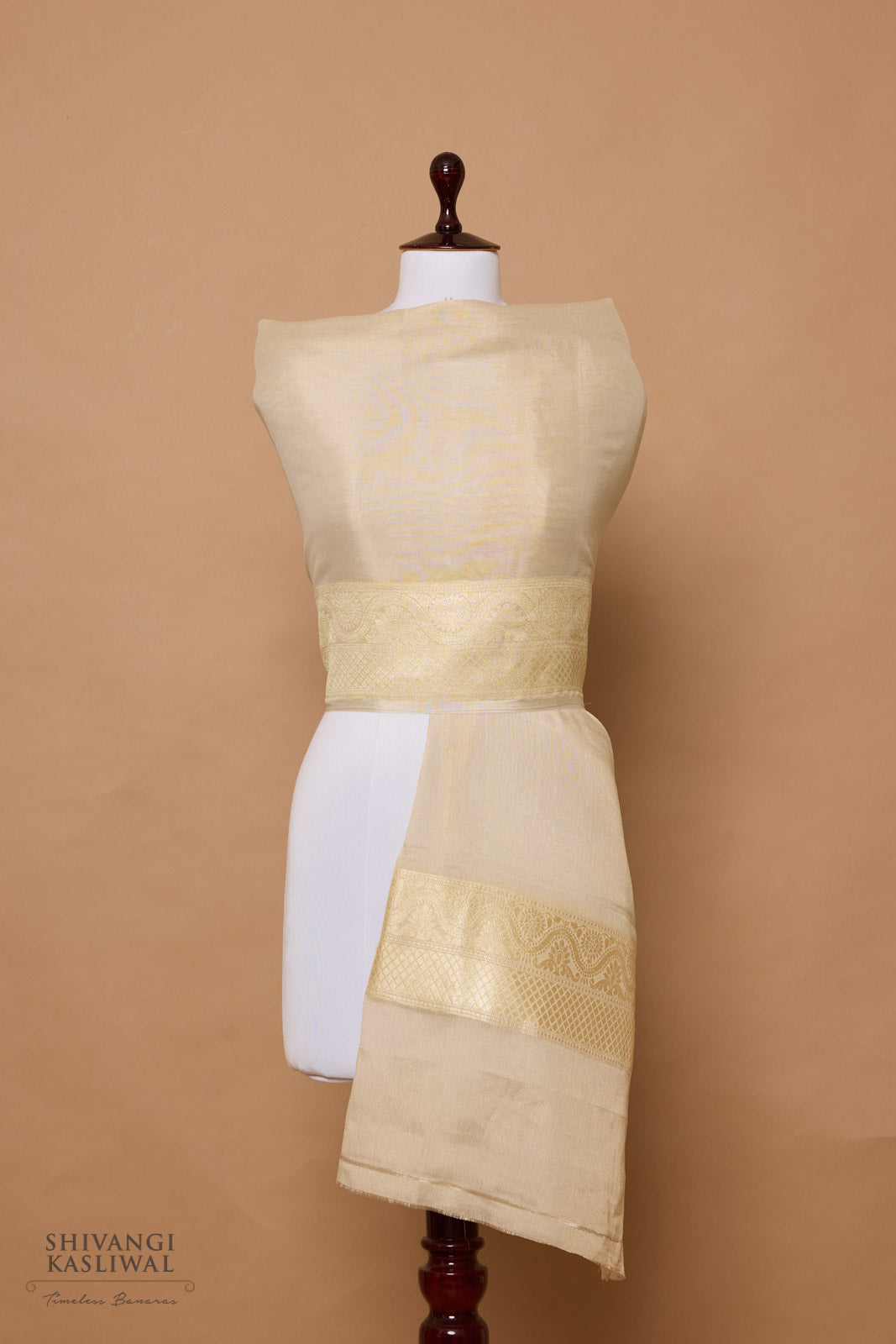 Beige Handwoven Banarasi Moonga Tissue Dupatta