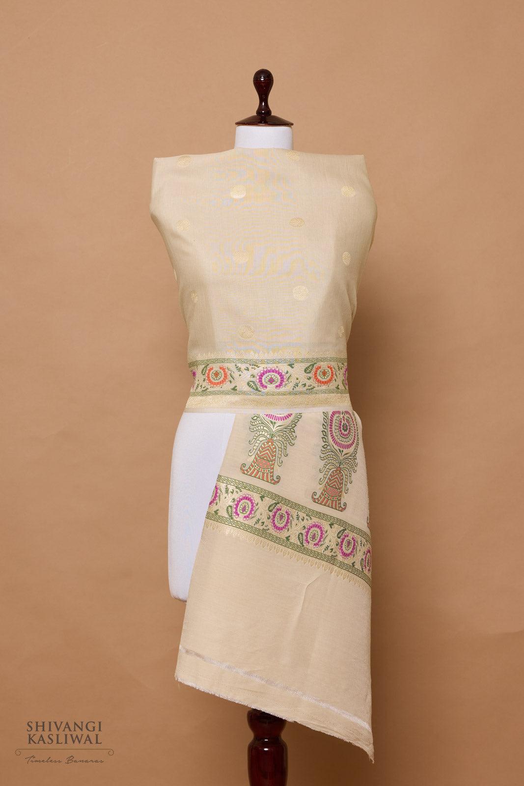 Beige Handwoven Banarasi Moonga Dupatta