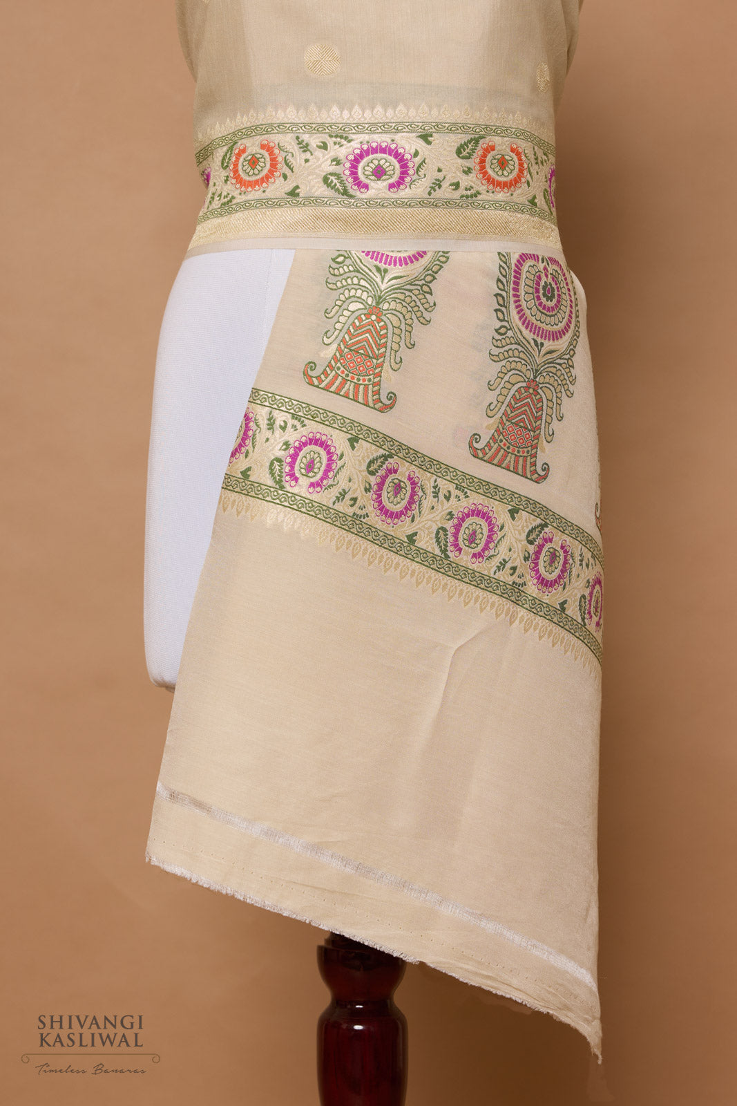 Beige Handwoven Banarasi Moonga Dupatta