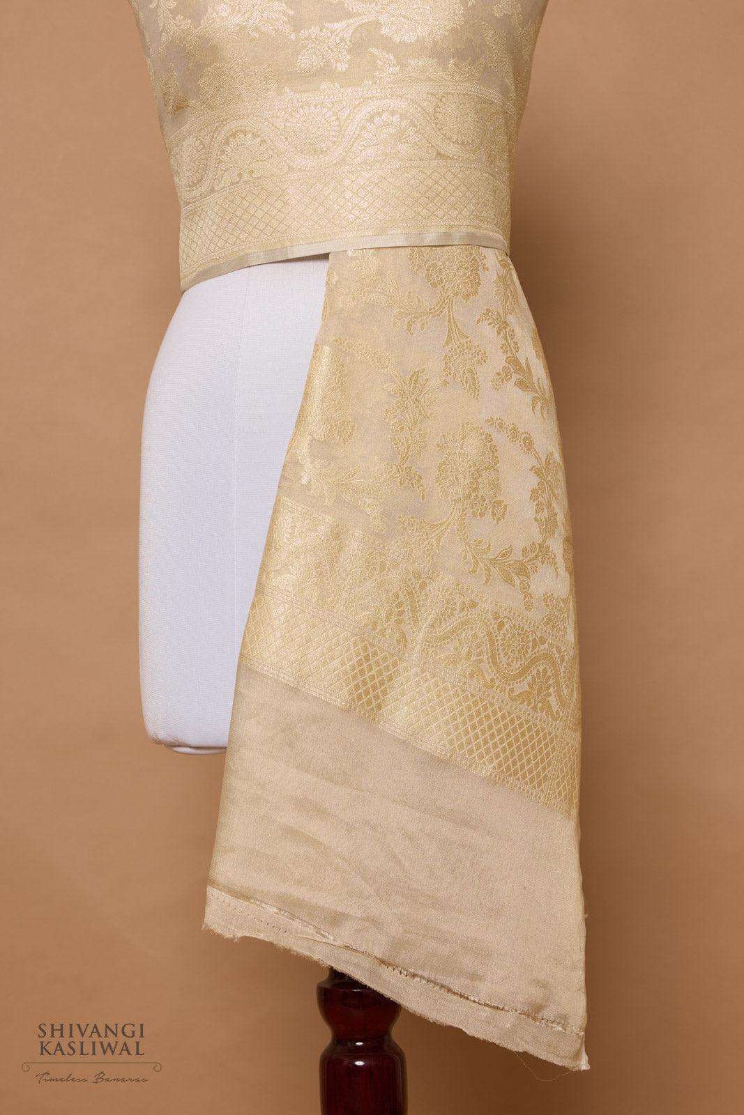 Beige Handwoven Banarasi Moonga Tissue Dupatta