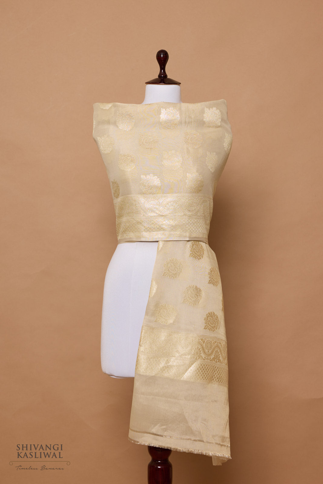 Beige Handwoven Banarasi Moonga Tissue Dupatta