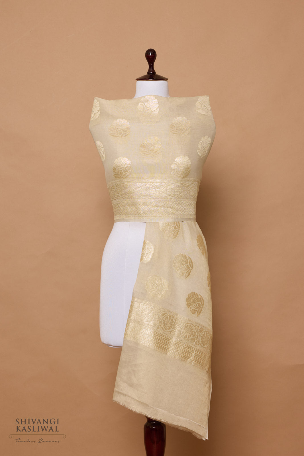 Beige Handwoven Banarasi Moonga Tissue Dupatta