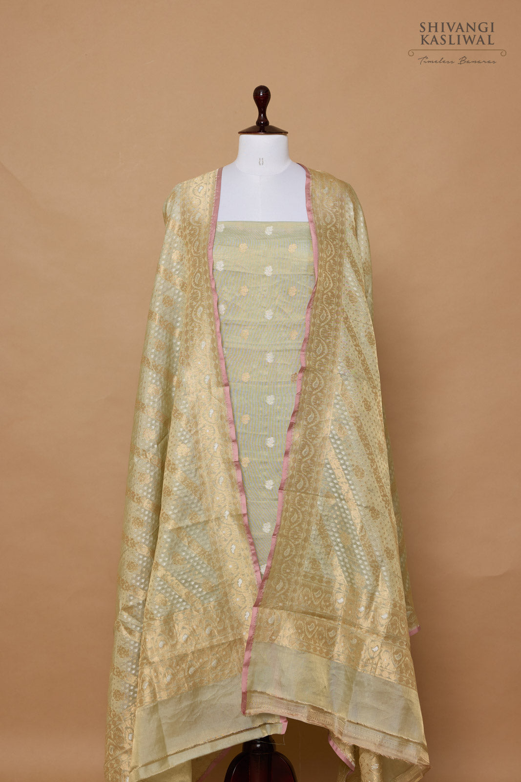 Pista Green Handwoven Banarasi Tissue Silk Suit Piece