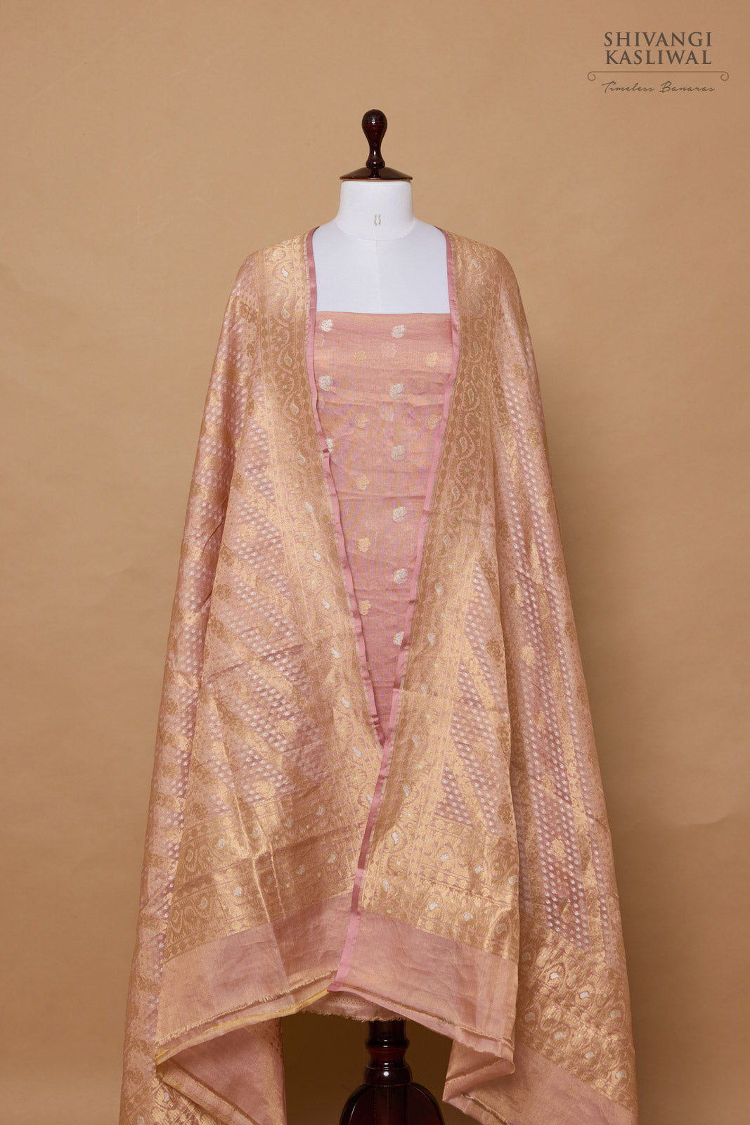 Onion Pink Handwoven Banarasi Tissue Silk Suit Piece