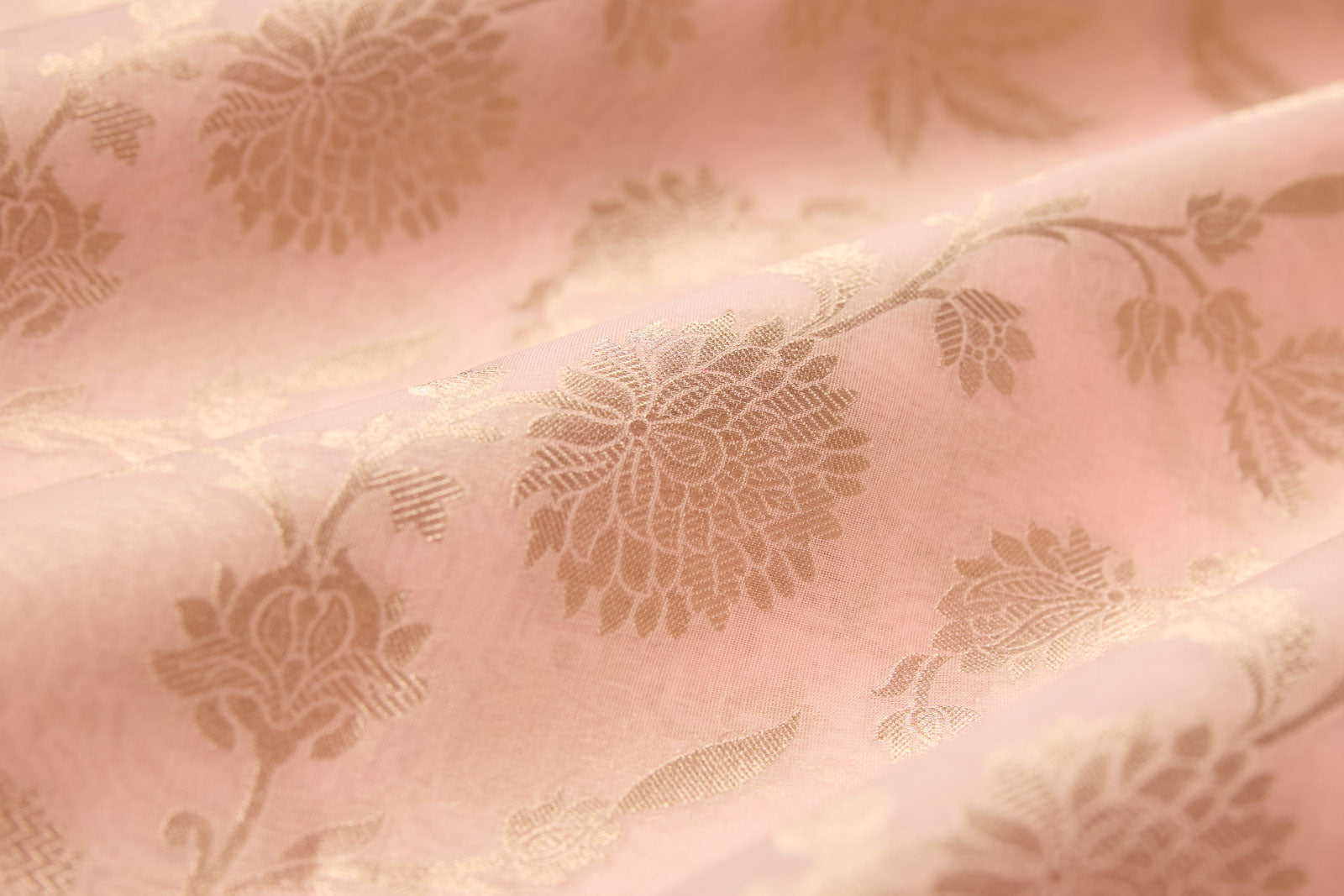 Peach Pink Handwoven Banarasi Organza Silk Fabric