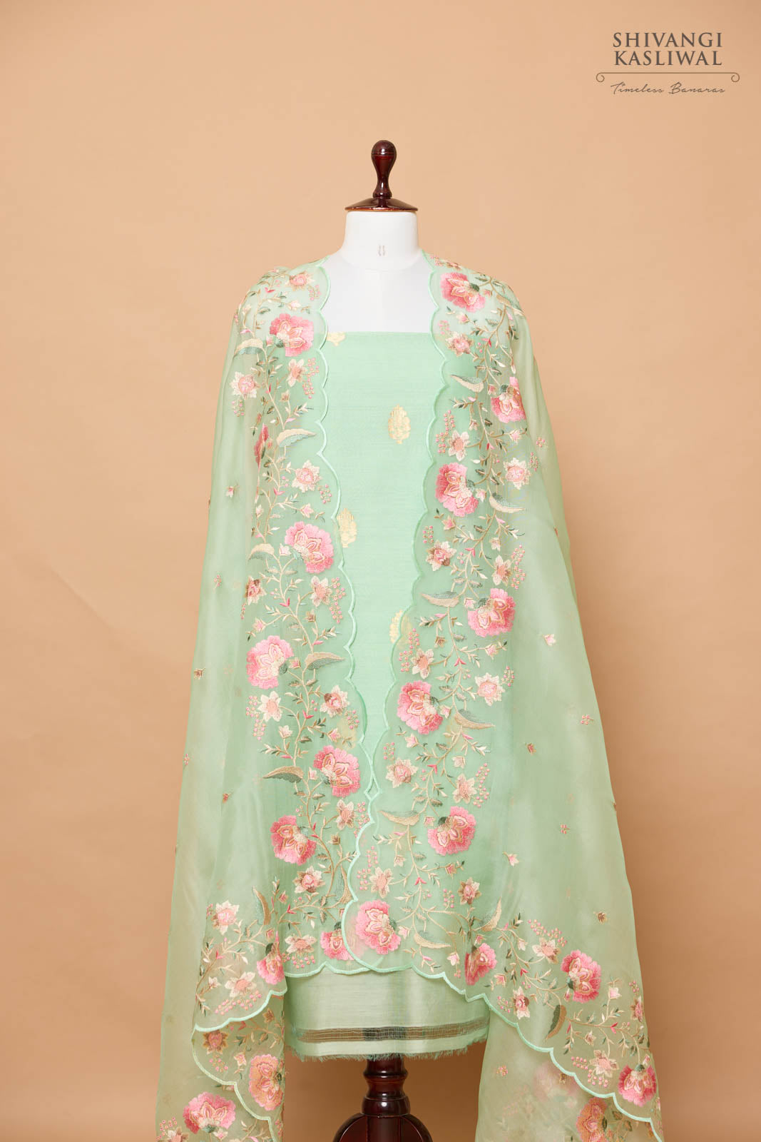 Mint Green Handwoven Banarasi Chiniya Suit Piece