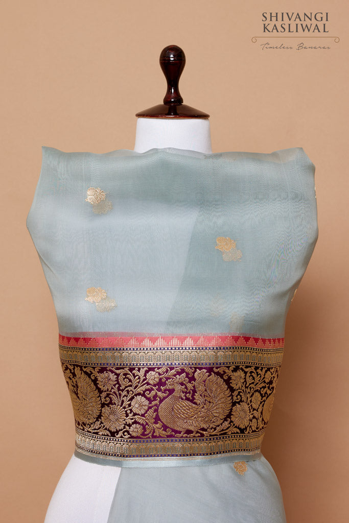 Bluish Grey Handwoven Banarasi Kadhua Organza Silk Dupatta