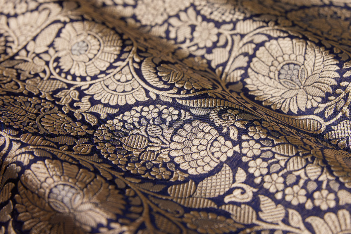 Navy Blue Handwoven Banarasi Brocade Fabric