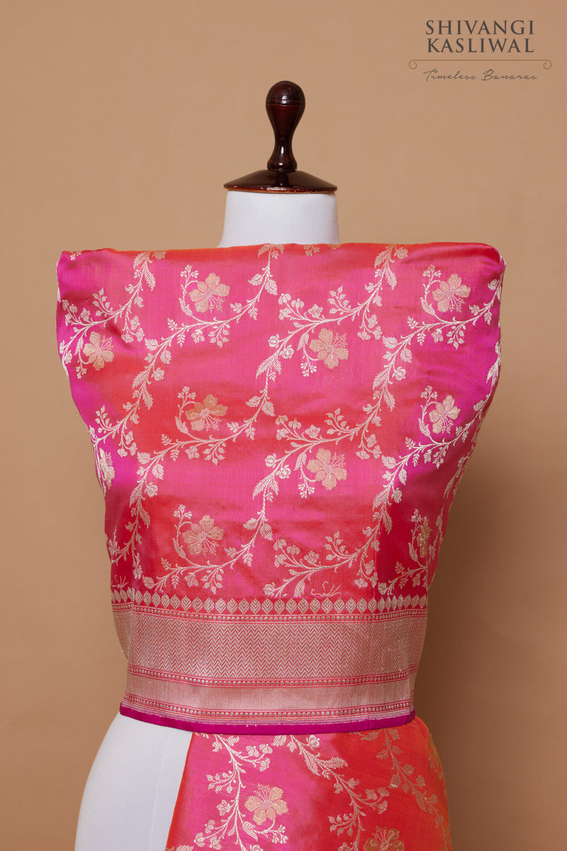 Pink Orange Handwoven Banarasi Kadhua Silk Dupatta