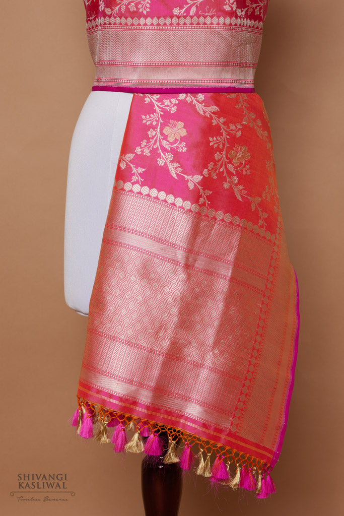 Pink Orange Handwoven Banarasi Kadhua Silk Dupatta
