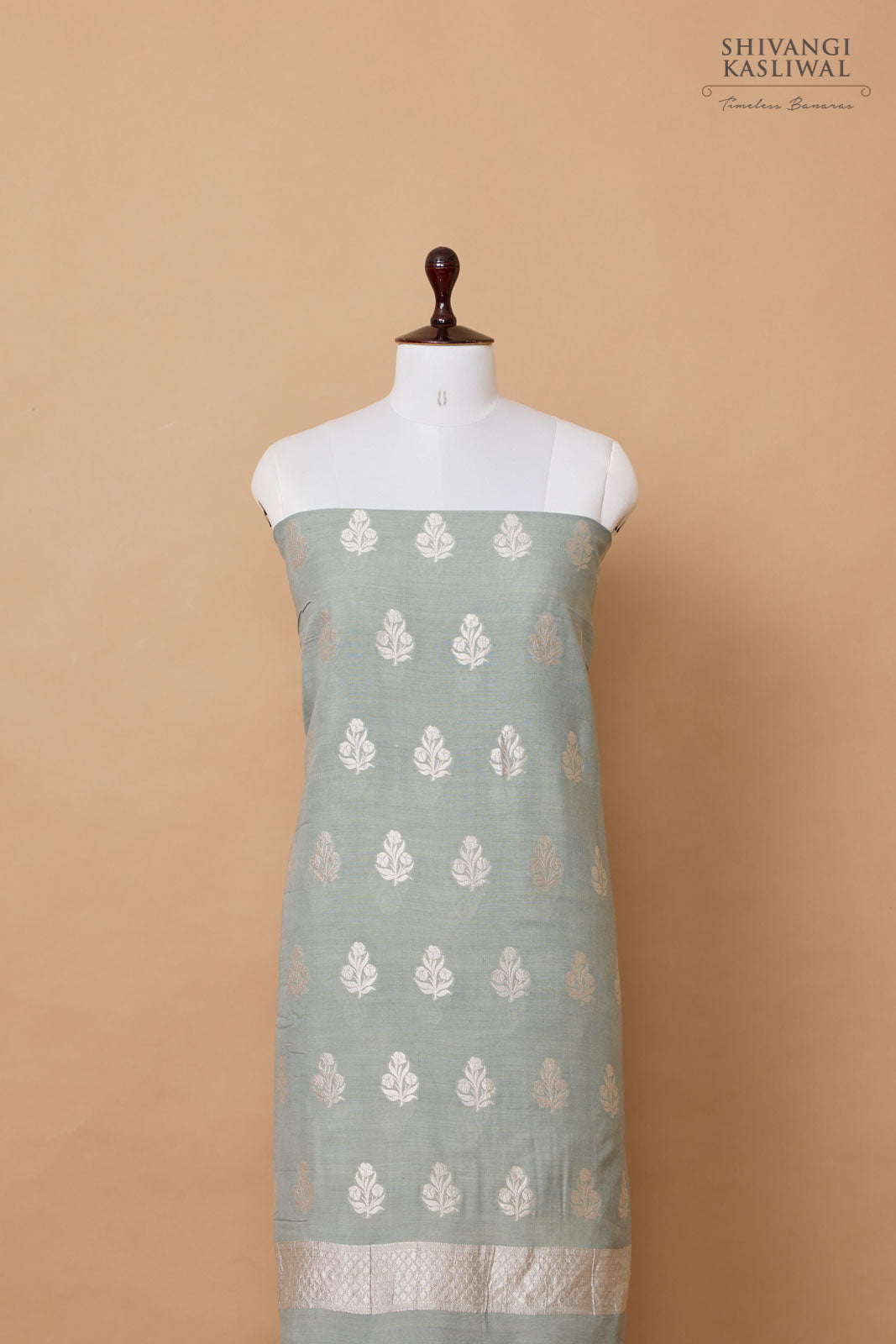 Grey Handwoven Banarasi Moonga Silk Suit Piece