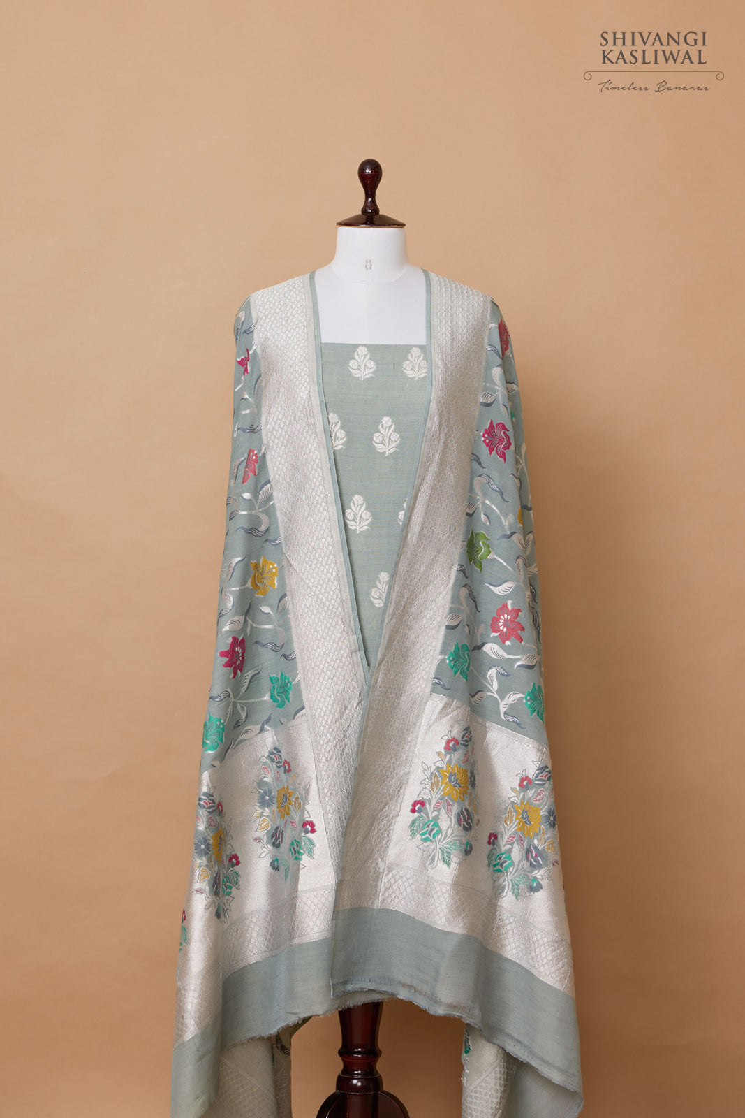 Grey Handwoven Banarasi Moonga Silk Suit Piece