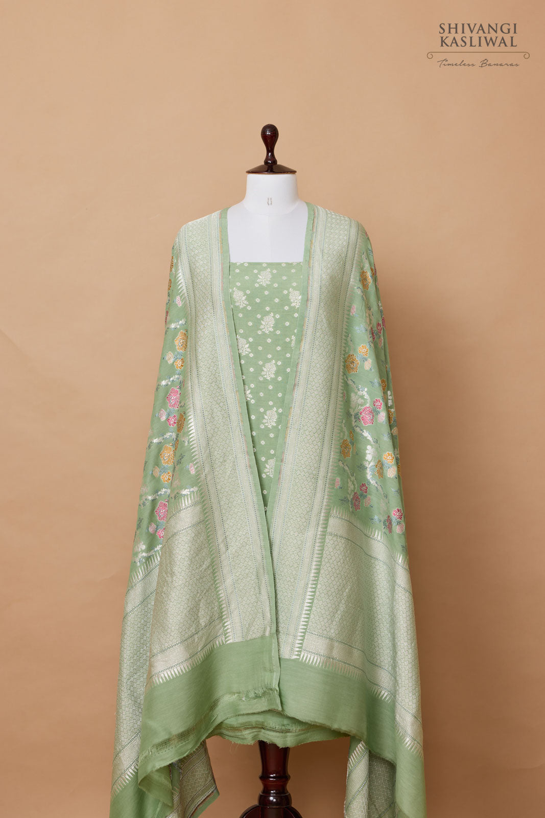 Pista Green Handwoven Banarasi Moonga Silk Suit Piece