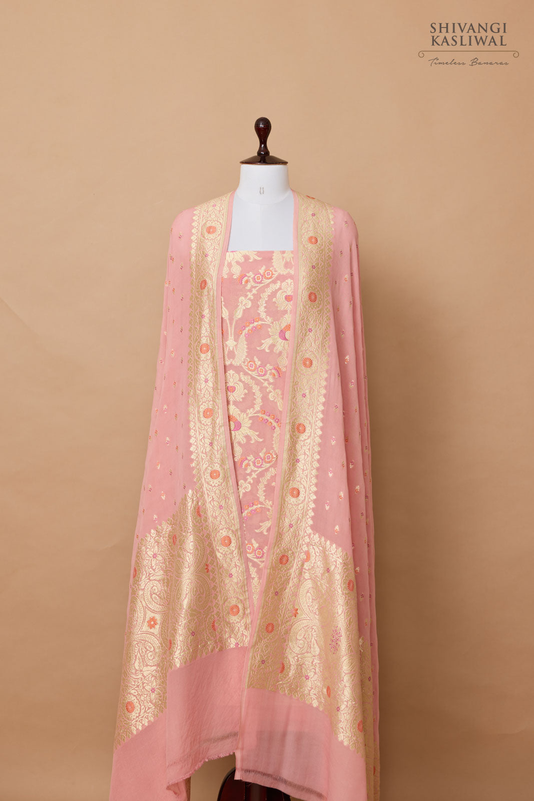 Peach Pink Handwoven Banarasi Georgette Suit Piece