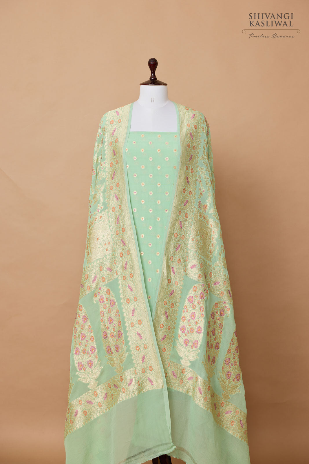 Mint Green Handwoven Banarasi Georgette Suit Piece