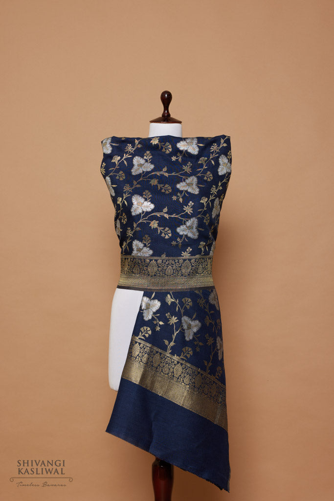 Navy Blue Handwoven Banarasi Moonga Silk Dupatta