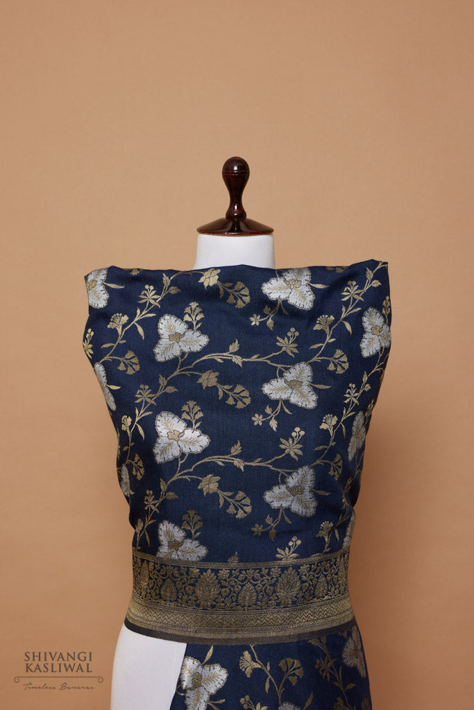 Navy Blue Handwoven Banarasi Moonga Silk Dupatta