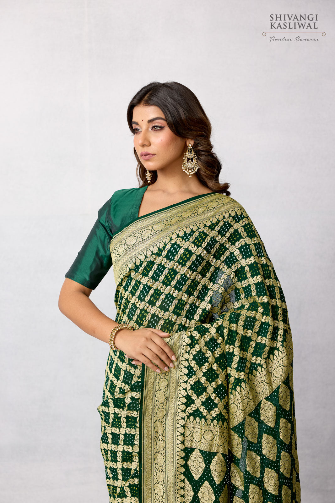 Bottle Green Banarasi Georgette Bandhani Saree